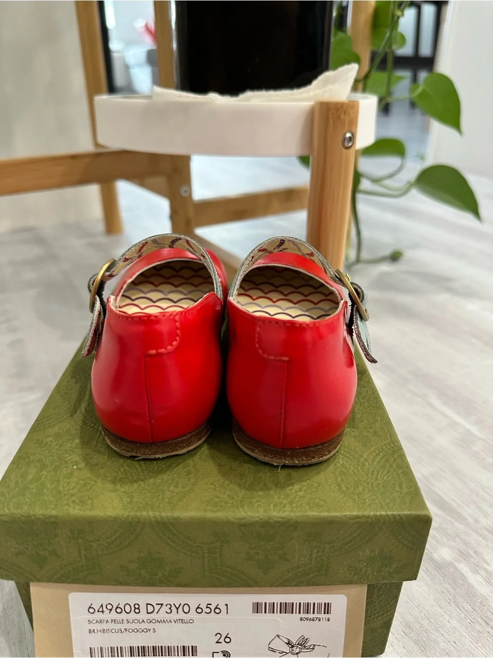 Gucci Red Leather Mary Jane Flats with Light Blue Straps